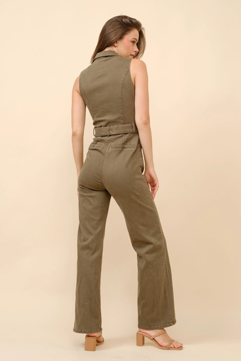 Matching-Belt-Collared-Stretch-Twill-Denim-Jumpsuit