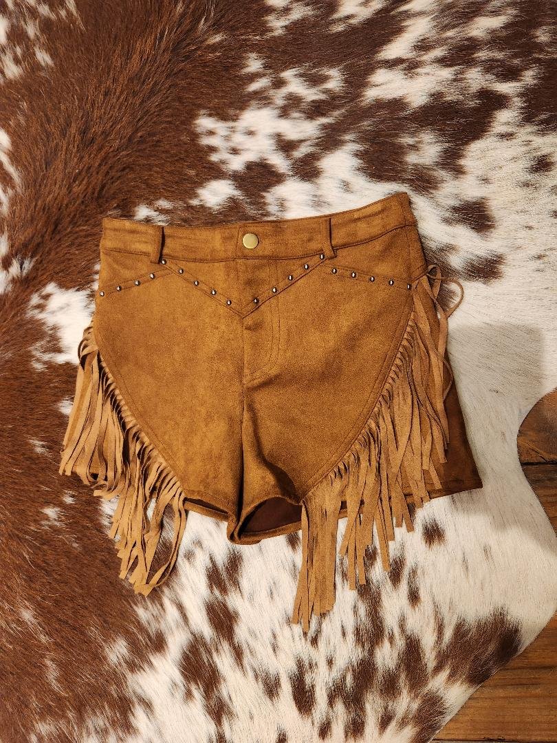 Suede-Chevron-Stud-Fringe-Shorts