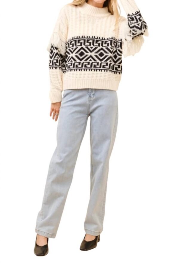 Aztec Mock Neck Fringe Sweater