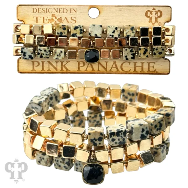 Cube Shape Dalmation jasper and gold bead bracelet with austrian crystal