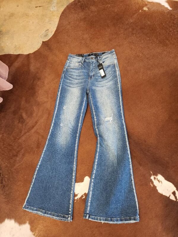 Mid Wash Tummy Control High Rise Slim Flare Jeans - Image 2